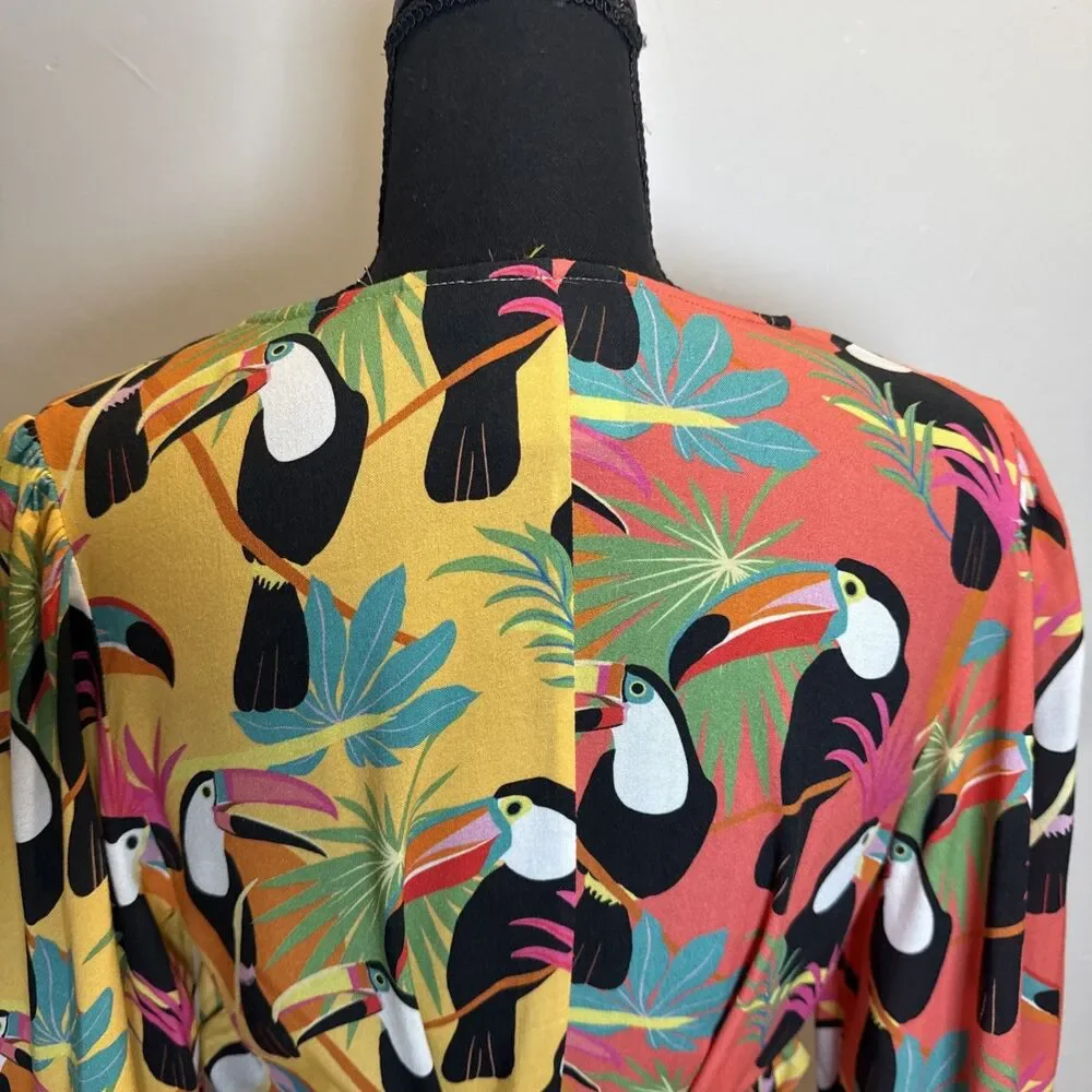 Farm Rio for Anthropologie Rainforest Toucan Wrap Blouse Size XS Beaded Tassel